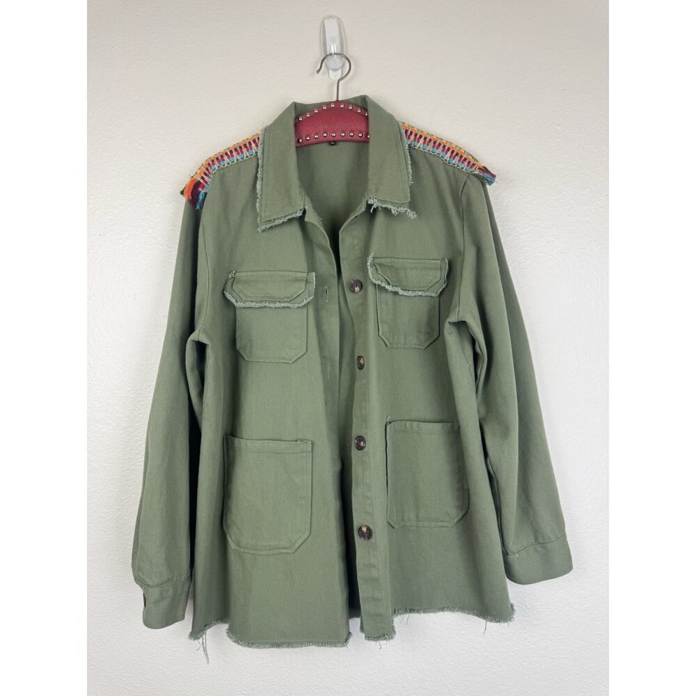 L&B Lucky & Blessed Boho Utility Shacket Cotton Canvas Jacket Army Green XL